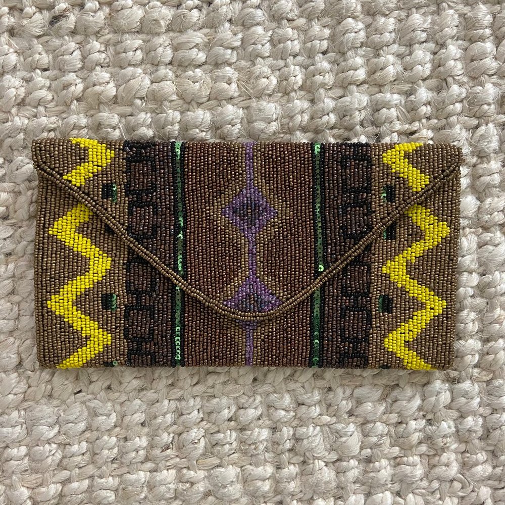 Tribal Print Boho Beaded Envelope Clutch